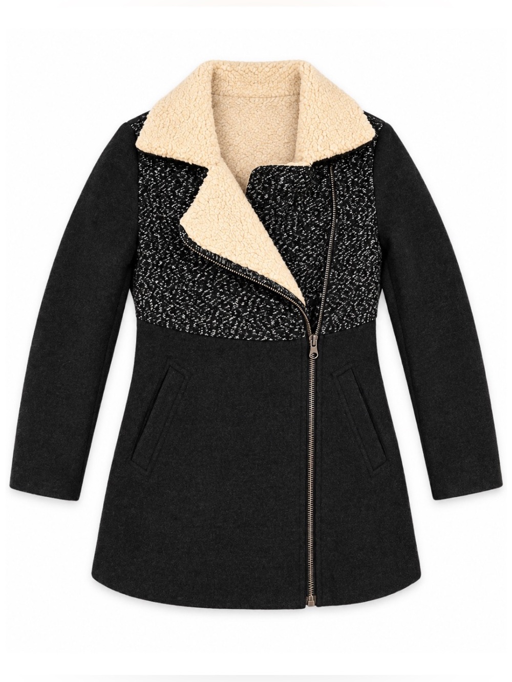Cherokee Gray Black & Cream Sherpa Zip Up Peacoat Girls Size XS 4/5